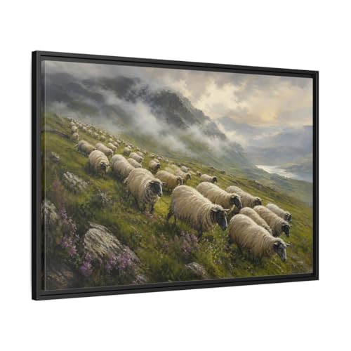 Toile mouton nature vert et beige avec cadre noir premium 90x60 cm