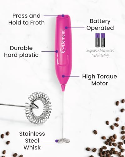 Elementi Pink Milk Frother Wand & Matcha Mixer, Mini Electric Whisk - Coffee Mixer Wand - Coffee Stirrers Electric Matcha Whisk (Hot Pink) - 2
