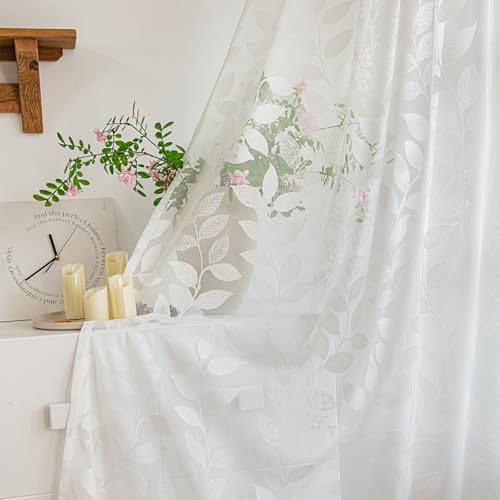 Treatmentex Cortinas Translucidas de Hojas Blancao - Modernas para Sala de Estar y Dormitorio con Ojales, Juego de 2 Piezas, 136x245cm