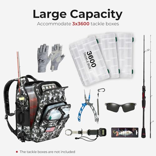 Image of Piscifun Fishing Tackle Backpack with Rod & Gear Holder, Lightweight Outdoor Water-Resistant Fishing Shoulder Storage Bag with Protective Rain Cover, Digital Camouflage