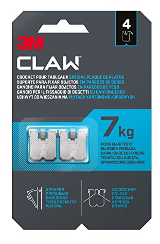 3M CLAW Ganchos para colgar cuadros en paredes de yeso, 4 Ganchos - Soporta hasta 7 kg - Adecuado para fijar objetos pesados, Espejos, Decoración del hogar - Sin herramientas