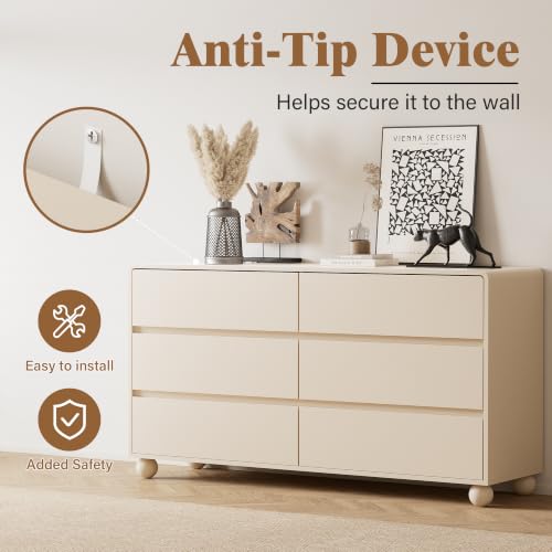 Image of Furniway Modern 6 Drawer Dresser for Bedroom, Beige Dresser with Curved Profile Design, Minimalist Wood Chest of Drawers for Bedroom, Living Room, Hallway Entryway