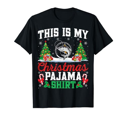 Fisherman Christmas Pajama Shirt Fishing Xmas Party Camiseta