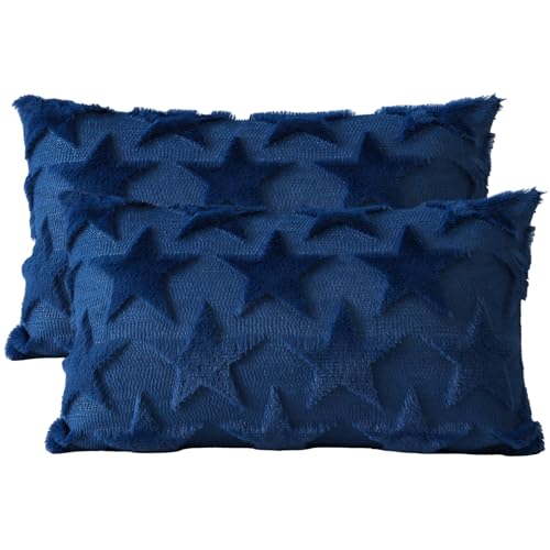 Artscope 4th of July Pillow Covers 12x20 Set of 2 Decorative Stars Patriotic Throw Pillow Cases Soft Plush Faux Fur Couch Cushion Case for Independence Memorial Day Sofa Bed Room Home Decor-Blue by Artscope - Used condition - Image 7