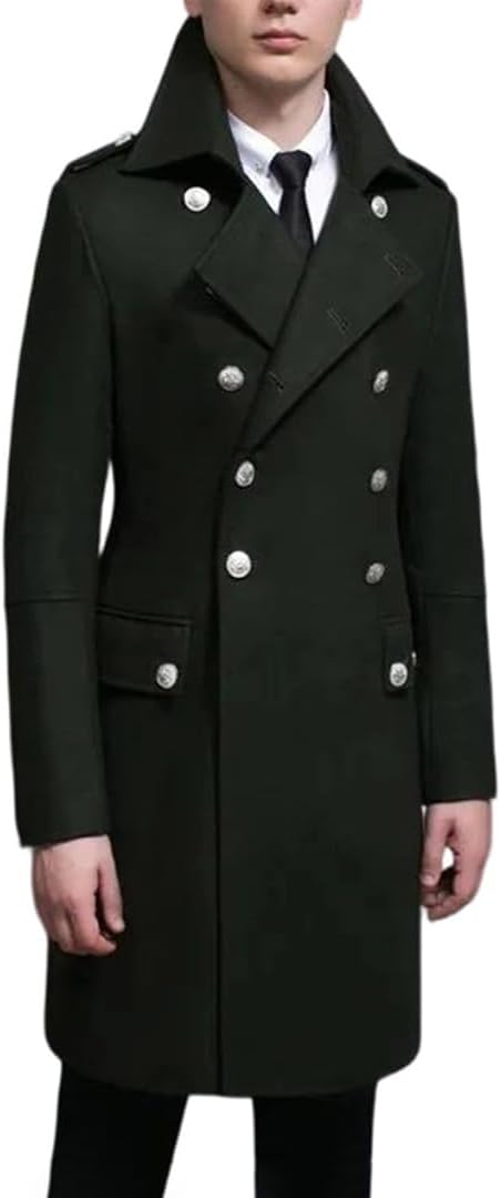 Men’S Double-Breasted Wool Coat – Military Style Cashmere Blend Pea Coat Thick Warm Slim Fit Winter Jacket