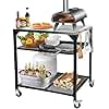 Pizza Oven Table for Ninja Woodfire, Blackstone, Cuisinart, 32x24 Inch Stainless Steel Outdoor Grill Prep Cart with Hooks, Portable Food Station