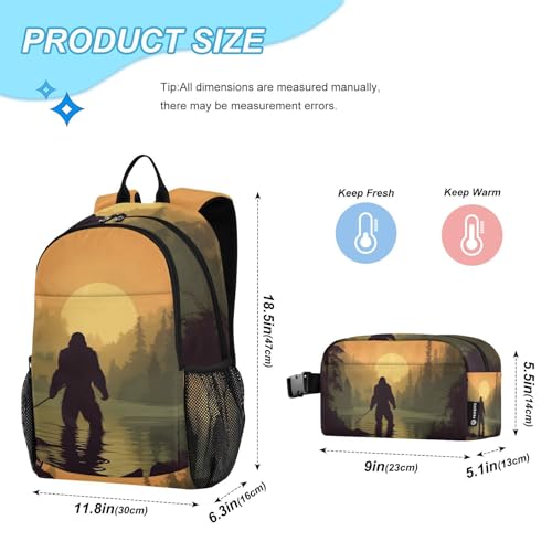 Sasquatch Fishing Sunset Backpack Book Bag Daypack Shoulder Bag Lightweight Back Pack with Lunch Box Travel Laptop Daypack 18.5 x 11.8 In2