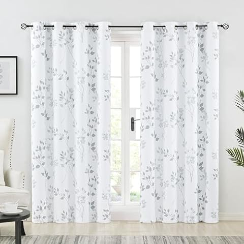 Beauoop Grey Floral Blackout Curtains 72 Inch Cover