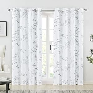 Beauoop Floral Blackout Window Curtain Panels 95% Room Darkening Thermal Insulated Noise Reducing Drapes for Bedroom/Living Room Leaf Energy Saving Eyelet Window Treatment,Set of 2,50Wx72L,White/Grey