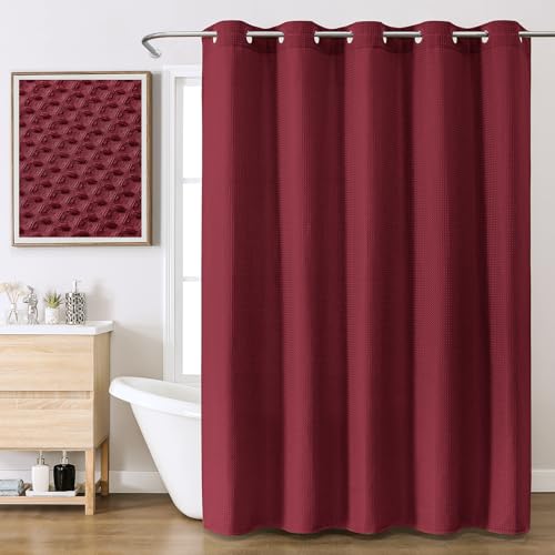 FYundXZH Waffelduschvorhang mit integrierten Haken & laminierter wasserdichter Rückseite. Verstärkter Stoff im Hotellook, maschinenwaschbar. 183 x 191 cm, Weinrot