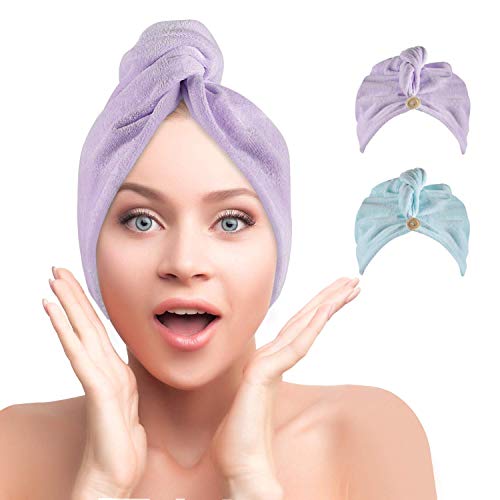 FASHIONROAD Hair Turbans, 2 Pack 24 x 10 Inch Hair Dry Towels Dry Hair Hat Bath Turban Fast Drying Hair Caps for Women(Blue & Purple)