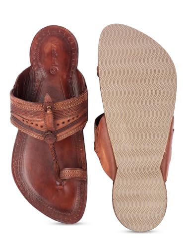 Image of KORAKARI Mens Handmade Kolhapuri Chappal Smooth and Comfortable, Stylish Durable Anti Slip Design Flip Flops Slippers Genuine Leather Traditional Indian Footwear.