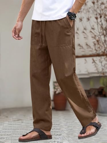 Image of Linen Pant for man | Loose Fit Trouser for Men | Elastic Waist with Drawstring | Perfect for Casual Wear | Lightweight Breathable Fabric | Straight Fit & Side Pocket