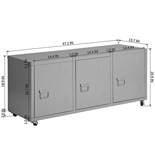 FurnitureR Metal Locker Teens Storage Cabinet 3 Doors 2 Tier Shelves Removable Rolling Wheels (Grey)