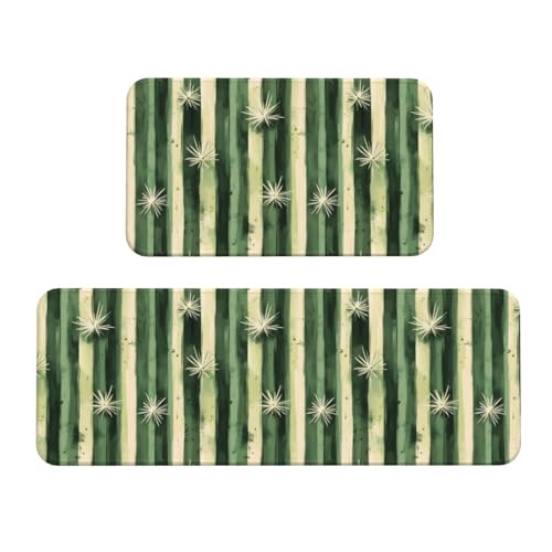 GVYGVY Antifatigue Kitchen Mats for Floor 2 Piece - Cactus Vertical Stripes Print Kitchen Rugs Washable, Non Slip Runner Rug Standing Mat for Office/Bathroom/Laundry/Home Decor and Accessories