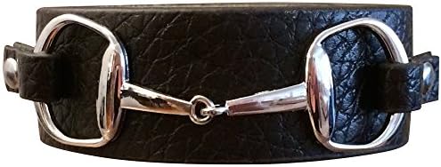 HamptonGems Silver Double Horse BIT Black Leather Bracelet-FITS 7 and 7.5 Wrists