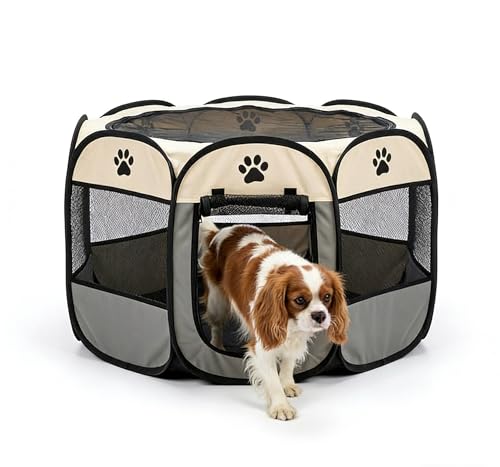 Parque Plegable para Perros 73x73x 43cm, Parque Portátil para Perros y Gatos, Tela Transpirable, Ideal para Interiores y Exteriores, Beige