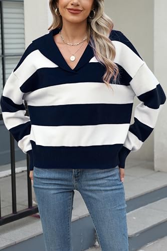 Image of D-Sun Women Striped Sweater V Neck Long Sleeve Cropped Color Block Pullover Sweater Casual Fall Winter Knit Polo Jumper Top