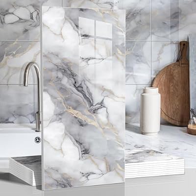 10pcs Marble Peel and Stick Waterproof Wall Panels,Heat-Resistant Backsplash Tile, 23.6"x11.8" PVC Foam Wall Sticker for Kitchen,Living Rooms,TV Walls,Colorful (Not Real Tile 19.4Sq. Ft.)