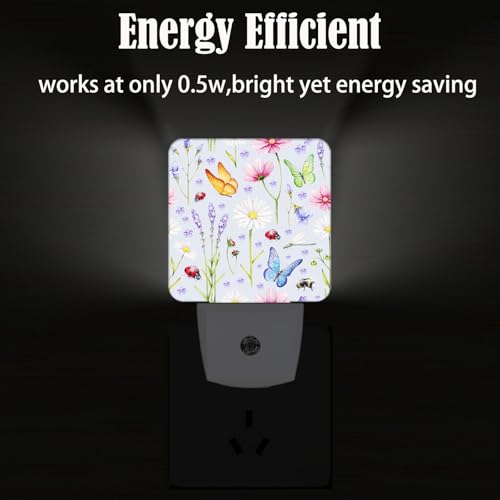 Image of Wild Flowers and Insects Butterflies Night Light,Plug Into Wall for Boys Girls Bedroom Decorative Square Night Light Lamp 0.5w Sleep Friendly