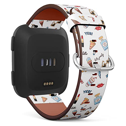 Compatible with Fitbit Versa 2 / Versa / Versa Lite / Versa SE Patterned Leather Replacement Band (Sketch comic fashion pattern with ice cream, diamond, donut, lips, sunglasses and hashtags)