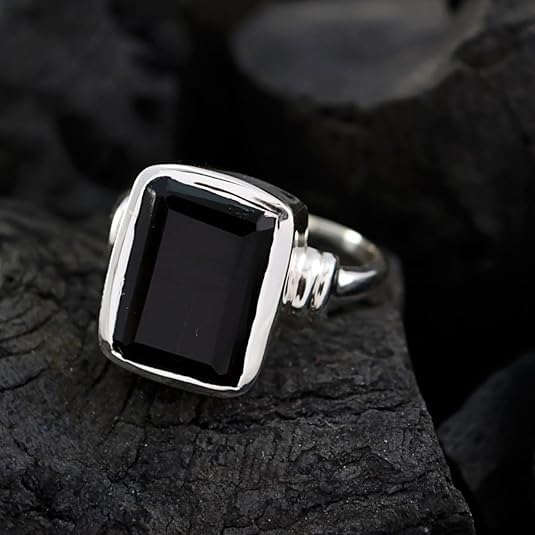 Image of 55Carat Natural Black Onyx Ring Sterling Silver Rectangle Shape Astrology US 4,5,6,7,8,9,10,11,12