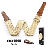 WELAIYOOUQ Guitar Strap, Electric& Acoustic Bass Guitar Straps,Embroidered Filament with Head Cowhide Leather Strap, with Free Strap Button,2 Guitar Strap Locks,4Guitar Pick (Gold Flower)