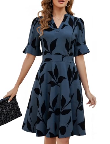 Image of Mokayee Womens Summer V Neck Ruffle Short Sleeve Fit and Flare Knee Length Church Wedding Guest Dresses with Pockets