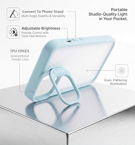 Image of amazon basics Frosted Matte Case for iPhone 17 | Built-in Flip-Out Camera Lens Stand | Translucent Back with Contrast Blue Bumper | Shockproof Protective Cover with Foldable Kickstand