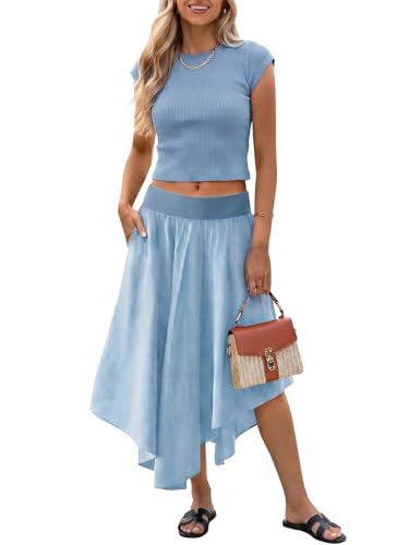 Image of Tankaneo Womens 2 Piece Skirt Set Summer Casual Cap Sleeve Ribbed Crop Tops Midi Dress Vacation Outfits with Pockets