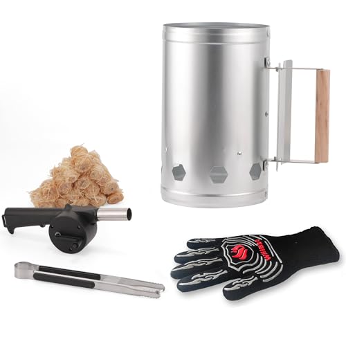 WILLBBQ Charcoal Chimney Starter, Heavy Duty Premium Chimney Starter for Charcoal Grills BBQ Accessory with Heat Resistant Wooden Handle for Outdoor Grill Camping (â€ŒSilvery)
