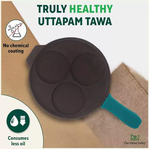 Image of The Indus Valley Pre-Seasoned Cast Iron Uttapam Tawa with Silicone Grip | 3 Pit, 23cm /9 inch, 1.6kg | Induction Friendly | Naturally Nonstick, 100% Pure & Toxin-Free, No Chemical Coating