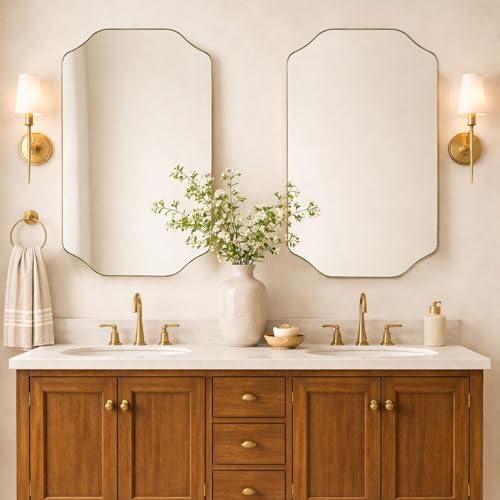 Image of TEHOME Scalloped Gold Bathroom Mirror Decorative Brushed Brass Metal Framed Irregular Bathroom Vanity Mirror 24x40''