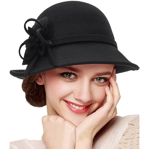 HilyBony 1920s Wool Cloche Hat with Bow Cover