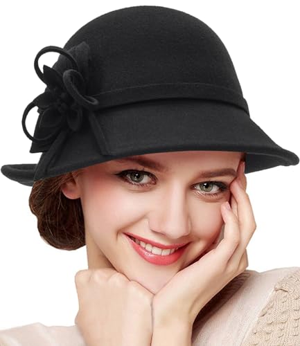 HilyBony - Chapeau cloche en laine pour femmes années 1920 Gatsby Chapeau en feutre d'hiver Chapeau melon vintage avec nœud (M/L), Noir avec fleur., M