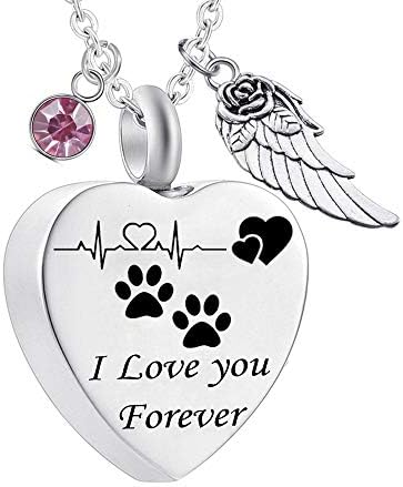 misyou Charms Urn Necklace for Ashes Dog Paw Prints Heart Necklace Stainless Steel Birthstone Keepsake Memorial Pet Cremation Jewelry