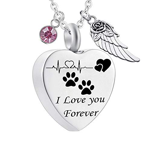 Misyou Charms Urn Necklace For Ashes Pet Dog Paw Prints Heart Necklace Stainless Steel Birthstone Keepsake Memorial Cremation Jewelry (October) #TOP2