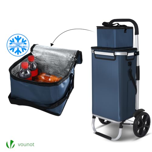 VOUNOT Einkaufstrolley Klappbar aus Aluminium mit 50L Wasserdichter Tasche und Kühlfach, 2 Extra große Räder mit Schutzblech, Faltbarer Einkaufswagen, Treppensteiger Trolley, Marineblau – Bild 6