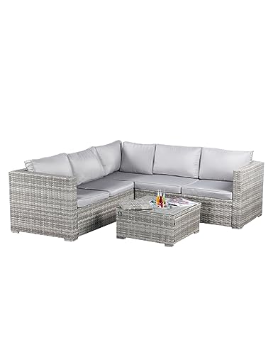 BIXENTE Polyrattan Rattan Garten-Lounge 5-Sitzer mit Tisch und integriertem Kühlfach. Inkl. Auflagen und abnehmbaren Bezügen. Wetterfest und UV beständig (Grau)