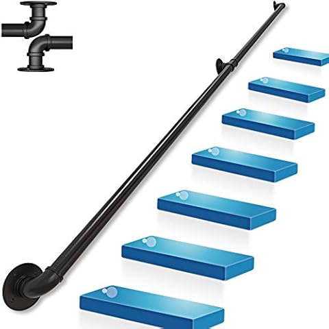 Stair Banister Handrails Handrail for Stairs Indoor Outdoor Steps, Against The Wall Elderly Indoor Villa Loft Corridor Handrails, Black Metal Wrought Iron External Outside Handrail, Black, 5ft/150cm Cover