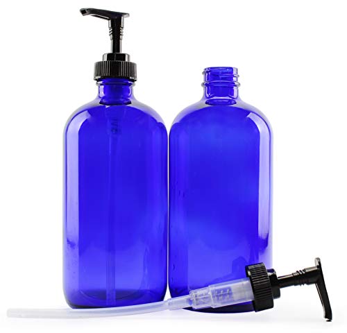 16-Ounce Cobalt Blue Glass Bottles w/ Lotion Pump Dispensers (2-Pack); Refillable Liquid Soap, Hand Care, Pump Bottles + Chalk Labels & Lids, BPA-Free Plastic Tops