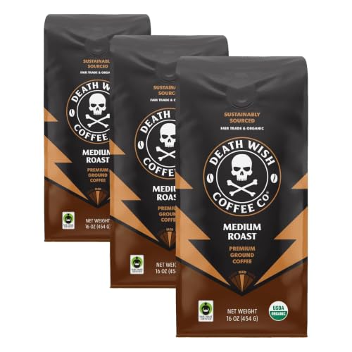 Image of Death Wish Coffee, Organic and Fair Trade Medium Roast Ground Coffee, 16 Ounce (Pack of 3)