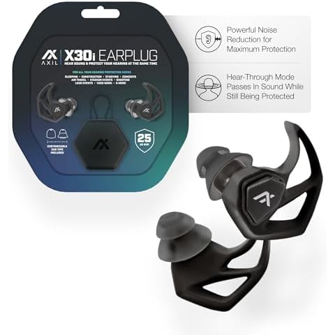 AXIL X30i Noise Reduction Ear Plugs - Black - Hear-Through Mode Hearing Protection for Concerts, Live Events, Shooting, Sports - 25dB Reusable Foam and Silicone Eartips with Carrying Case Cover