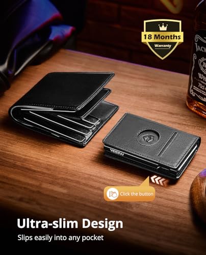 YESIIW Airtag Wallet for Men Compatible With Apple AirTag, RFID Blocking Leather Smart Wallet Air Tag Wallets, Pop Up Card Holder with Money Clip and ID Window Black2