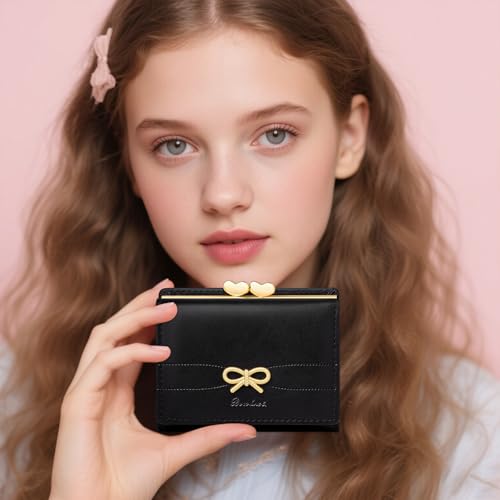 Image of YINHEXI Small Bow Wallet for Women with RFID Blocking - Tri-fold PU Leather Card Holder, Coin Pocket & Heart ID Window, Cute Aesthetic Purse for Girls Teens (Bow Black)