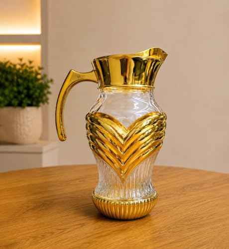 Image of Crystal Golden Water and Juice Glasses Set of 6 and Jug 1 piece Transparent, Glass and Jug Set for Dining Table,Party,Gift Set,All pourpse use Set of 1