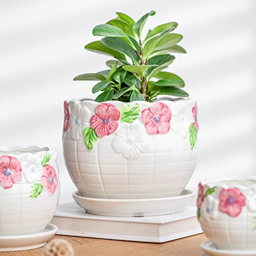Sin Wings Pink Flower Plant Ceramic Pots Set Of 3, 6/5/4 Inch White Indoor Planter With Saucer And Drainage Hole - Hand Painted For Succulent, Herb, Snake Outdoor #TOP3