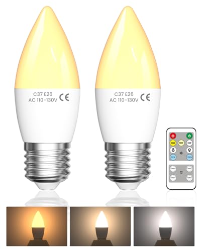 Lustaled 4W E26 LED Light Bulb with Remote Control Dimmable B11 Edison Candle Light Bulbs 40 Watt Equivalent 3 Color & Timer 120V Candelabra Medium Base for Lamps Chandeliers Non-Rechargeable