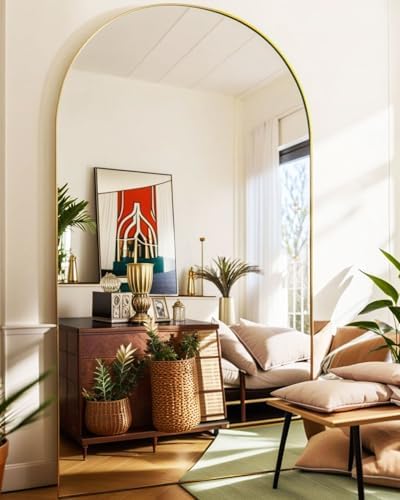 KOMCOTE Full Length Floor Mirror, 82x42 Inch Oversized Arched Standing Mirror in Gold for Bedroom, Living Room, Dressing Room - Elegant Freestanding Leaning Mirror Decor