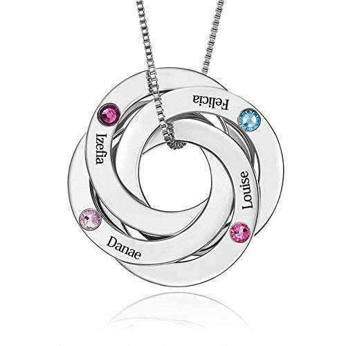 Junmei Collar de Anillo Ruso Personalizado Personalizado 2-5 Nombres y Piedras de Nacimiento Colgante de Nombre de Familia Redondo Collares de Nombres de Familia Grabados para Mujeres Cover